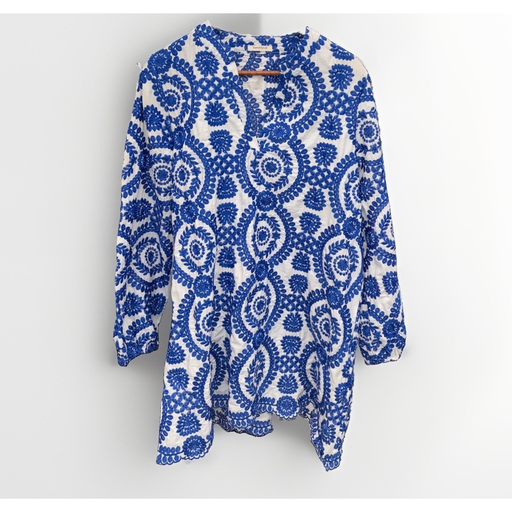 100% Cotton Embroidered Women's L Bohemian Beach Tunic Short Dress Resort Wear